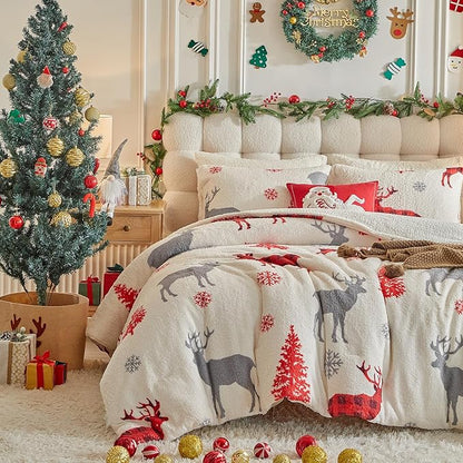 Christmas Sherpa Comforter Set Queen Size 3 Pieces Holiday Winter Bedding Microfiber Warm Fleece Comforter with 2 Pillow Shams - Thanksgiving New Year Gift Choice with Red Snowflake Gray Xmas Deer