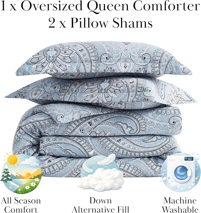 Southshore Fine Living, Inc. Oversized Full/Queen Size Comforter Bedding Set, Boho Paisley Bedding, Full Size/Queen Bed Comforter Set with 2 Matching Shams, Pure Melody Aqua