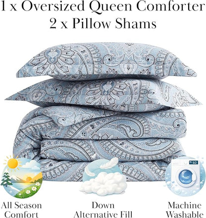 Southshore Fine Living, Inc. Oversized Full/Queen Size Comforter Bedding Set, Boho Paisley Bedding, Full Size/Queen Bed Comforter Set with 2 Matching Shams, Pure Melody Aqua