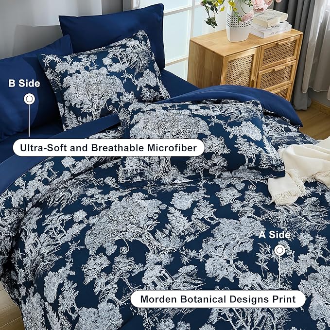 DJY King Size Comforter Sets, 7 Pieces Bed in a Bag King Navy Blue Botanical Comforter Set with Sheets, White Elegant Plants Print Soft Microfiber Reversible Complete Bedding Sets for All Season