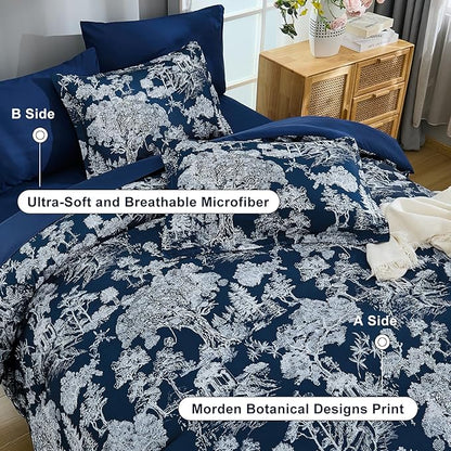 DJY Queen Size Comforter Sets, 7 Pieces Bed in a Bag Queen Navy Blue Botanical Comforter Set with Sheets, White Elegant Plants Print Soft Microfiber Reversible Complete Bedding Sets for All Season