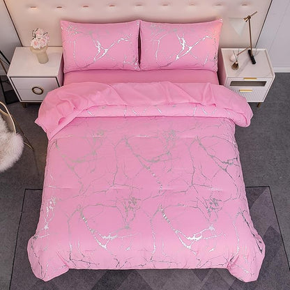 MWMWMW Pink Comforter Set Queen, Marbling Silver Glitter Bedding Set, 3Pcs Pink Queen Bedding Sets for Girls Women (1 Comforter, 2 Pillowcases)