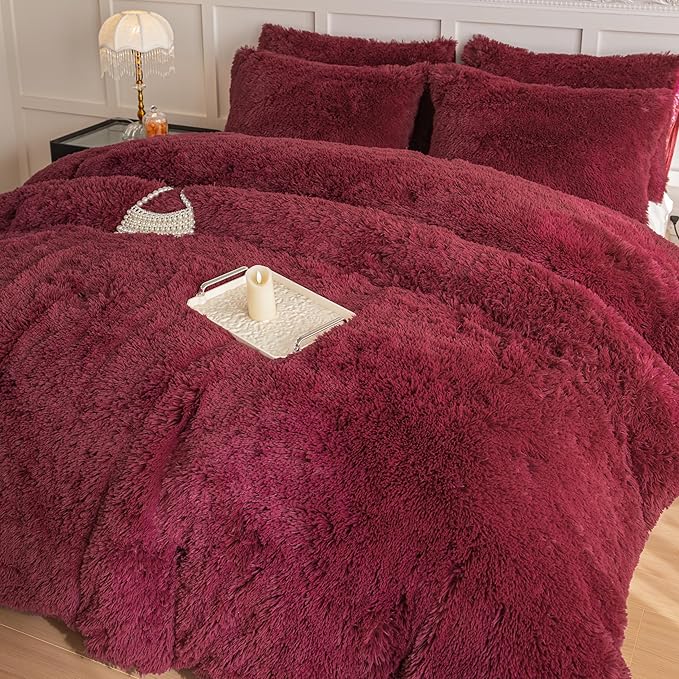 chovy Faux Fur Plush Wine Red Comforter Sets Twin/Full Size - Ultra Soft Shaggy Flannel Velvet Fluffy Fuzzy 3PC Bedding Set (Comforter x 1 Pillowcases x 2)