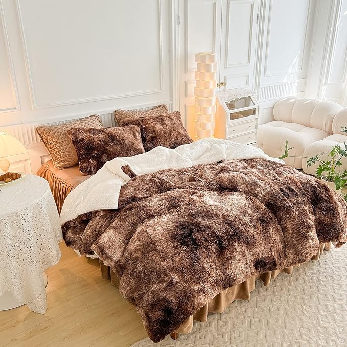 Luxury Faux Fur Shaggy Comforter Set King Size, Plush & Sherpa Reversible Comforter Tie Dye Coffee, 3 Pieces Fluffy Fuzzy Bedding Set Ultra Soft and Warm for Winter (1 Comforter + 2 Pillowcases)