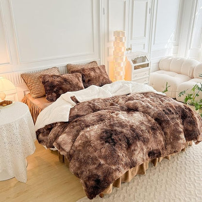 Luxury Faux Fur Shaggy Comforter Set Twin Size, Plush & Sherpa Reversible Comforter Tie Dye Coffee, 3 Pieces Fluffy Fuzzy Bedding Set Ultra Soft and Warm for Winter (1 Comforter + 2 Pillowcases)