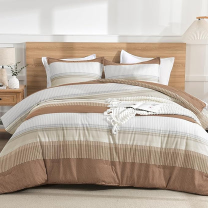 Litanika Queen Comforter Set Beige - 3 Pieces Lightweight Taupe Khaki White Colorblock Stripe Fluffy Bedding Comforter Sets, All Season Bed Set