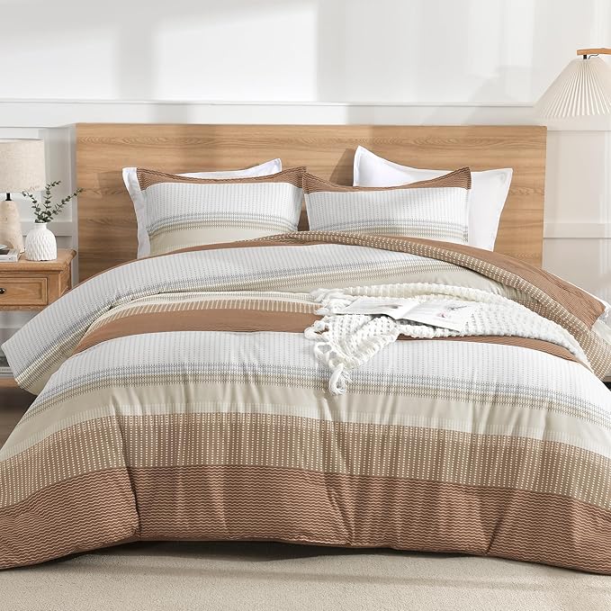 Litanika Full Size Comforter Sets Beige, 3 Pieces Lightweight Taupe Khaki White Colorblock Stripe Fluffy Bedding Comforter Sets, All Season Bed Set