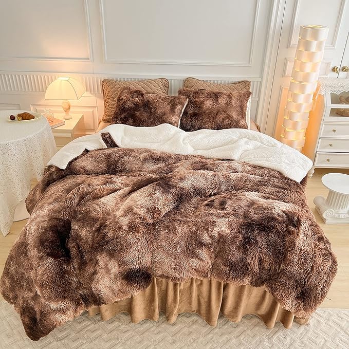 Luxury Faux Fur Shaggy Fluffy Comforter Set Full/Queen Size Mixed Coffee Brwon and White Long Hair, 3 Pieces Plush Flannel Sherpa Backing Reversible Soft Microfiber Bedding Set Super Warm for Winter