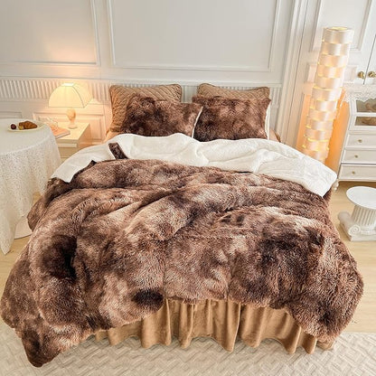 Luxury Faux Fur Shaggy Fluffy Comforter Set Full/Queen Size Mixed Coffee Brwon and White Long Hair, 3 Pieces Plush Flannel Sherpa Backing Reversible Soft Microfiber Bedding Set Super Warm for Winter