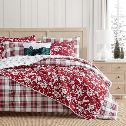 Martha Stewart - King Bedding Comforter Sets, Wonderfully Plush & Naturally Soft Cotton Flannel Bedding w/Matching Pillowcases, 3 Piece Bed Sets (Yuletide Spruce Plaid/Holiday Ribbons Red)