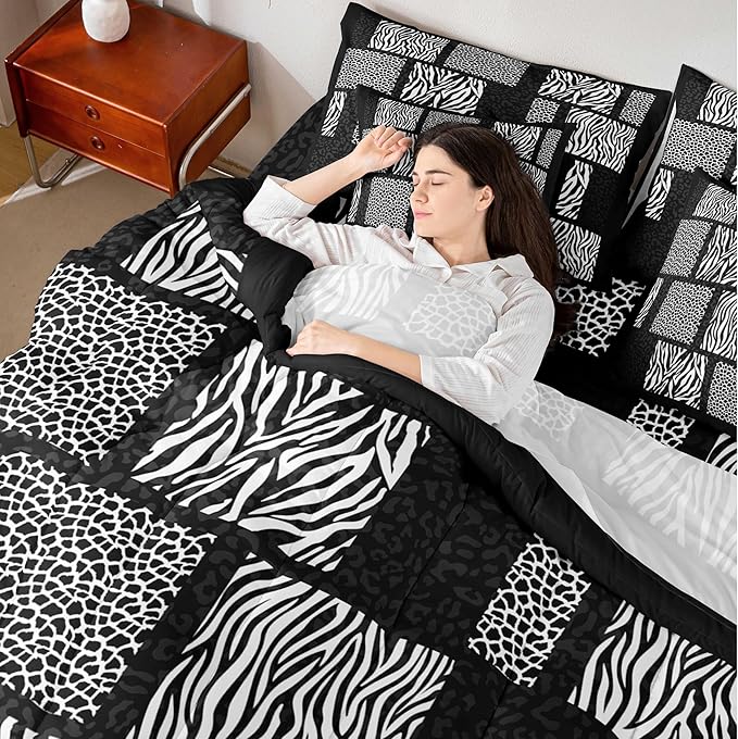 Wildlife Animal Fur Print Comforter Set 7 Pcs,Leopard Cheetah Zebra Skin Comforter Blanket King,Modern Simple Style Bedding Sets with Comforter,Flat Sheet,Fitted Sheet,Pillowcases and Pillow Covers