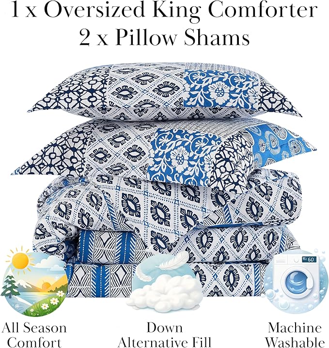 Southshore Fine Living, Inc. King Sized Comforter Set with 2 Pillow Shams, Reversible Bedding Sets - Global Patchwork Quilt - Alternative Down Comforter for Cal/King Mattress, Blue & White