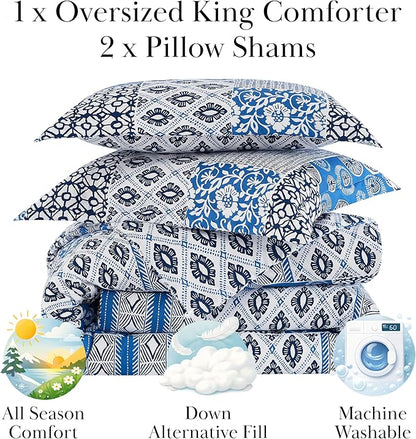 Southshore Fine Living, Inc. King Sized Comforter Set with 2 Pillow Shams, Reversible Bedding Sets - Global Patchwork Quilt - Alternative Down Comforter for Cal/King Mattress, Blue & White