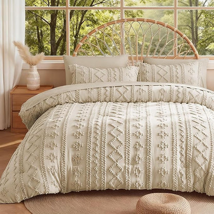 MR&HM Tufted Boho Comforter Set King Size, Linen Farmhouse Bedding Set, Bed in a Bag Set 7 Pieces with 1 Comforter, 2 Pillow Shams, 2 Pillowcases, 1 Flat Sheet, 1 Fitted Sheet for All Seasons