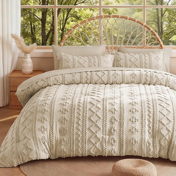 MR&HM Tufted Boho Comforter Set Full Size, Linen Farmhouse Bedding Set, Bed in a Bag Set 7 Pieces with 1 Comforter, 2 Pillow Shams, 2 Pillowcases, 1 Flat Sheet, 1 Fitted Sheet for All Seasons