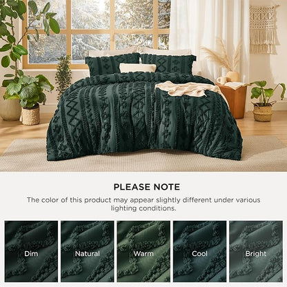Bedsure Tufted Boho Comforter Set King Size - Dark Green Boho Bed Set, GentleSoft™ 3 Pieces Farmhouse Shabby Chic Embroidery Bedding, Gifts for Woman, Soft Jacquard King Comforter for All Seasons