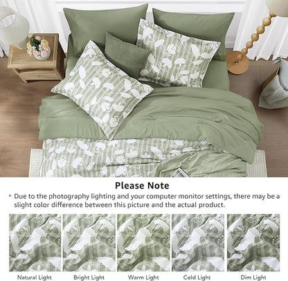 Queen Comforter Set -7 Pieces Sage Green Floral Comforter Set for All Seasons, Bed in a Bag Queen with Botanical Flowers Comforter, Sheets, Pillowcases & Shams