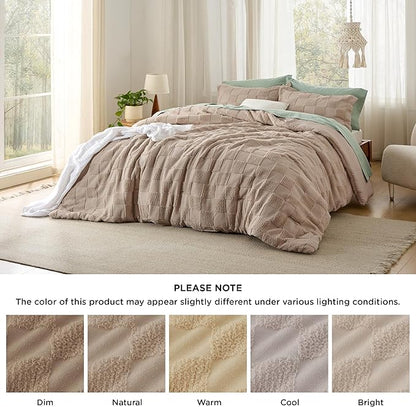 Bedsure California King Size Comforter Set Khaki, Boho Tufted Bed Set, Checkered Farmhouse Shabby Chic Bedding, 3 Pieces, 1 Plaid Geometric Comforter and 2 Pillow Shams