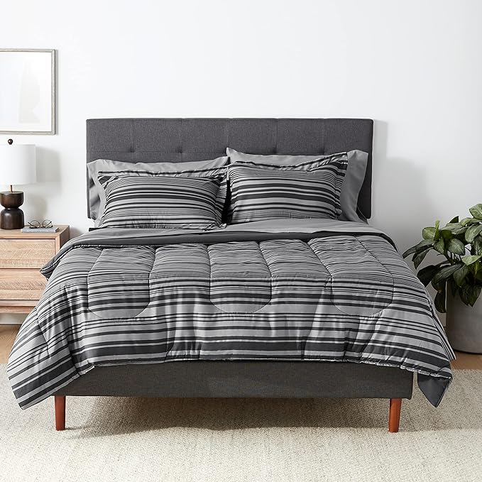 Amazon Basics Full/Queen Comforter Set with Sheets, 7-Piece Gray Calvin Stripe Bedding, Lightweight Microfiber Bed-in-a-Bag, Striped