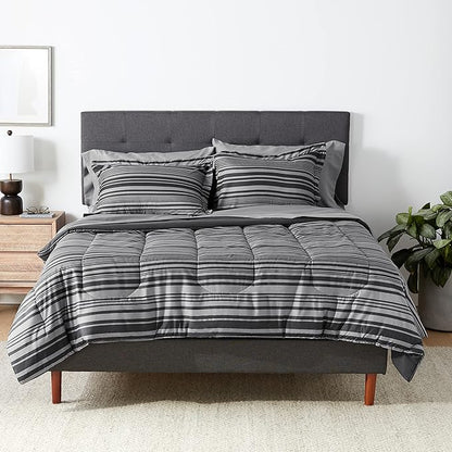 Amazon Basics Full/Queen Comforter Set with Sheets, 7-Piece Gray Calvin Stripe Bedding, Lightweight Microfiber Bed-in-a-Bag, Striped