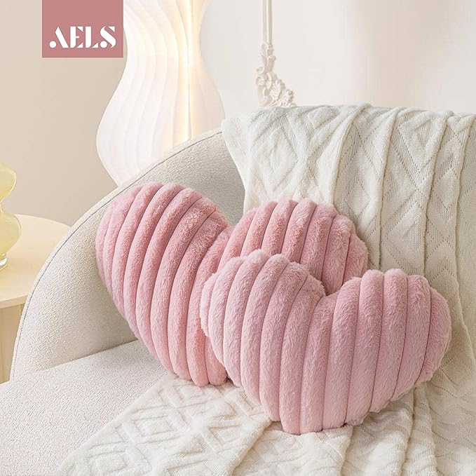 AELS Heart Shaped Pillow, Set of 2, Heart Decorative Throw Pillows, Faux Fur Love Pillows Pillow 20 & 16 Inches, Valentines Day Decorations, Wedding Decor, Pastel Pink