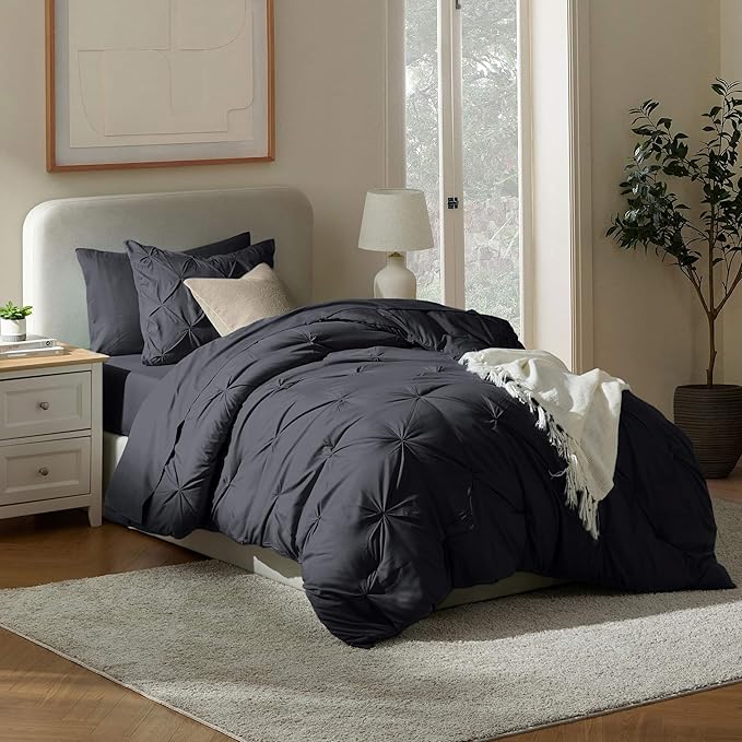 Nestl Twin Comforter Set 5 Piece - Pintuck Twin Bedding Sets Black, College Dorm Room Essentials for Girls and Boys Bed in a Bag Twin All Season, Twin Comforter Set with Sheets, Pillowcase and Sham
