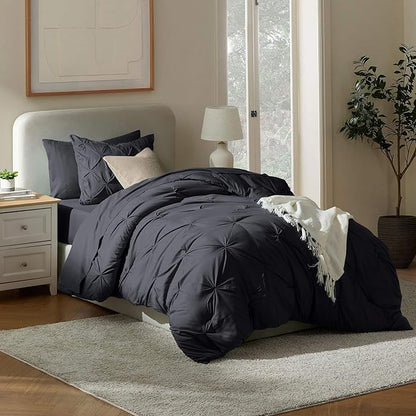 Nestl Twin XL Comforter Set 5 Piece - Pintuck Twin XL Bedding Set Black, College Dorm Room Essentials Bed in a Bag, Twin XL Comforter Set for College Girls and Boys with Sheets, Pillowcase and Sham