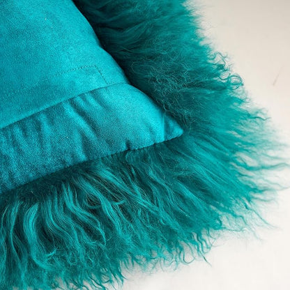 Genuine Mongolian Lamb Fur Pillow Cover – 12"x20" Rectangular Cushion Case – Soft Curly Wool Decorative Accent for Sofa, Bed, or Chair(Teal)