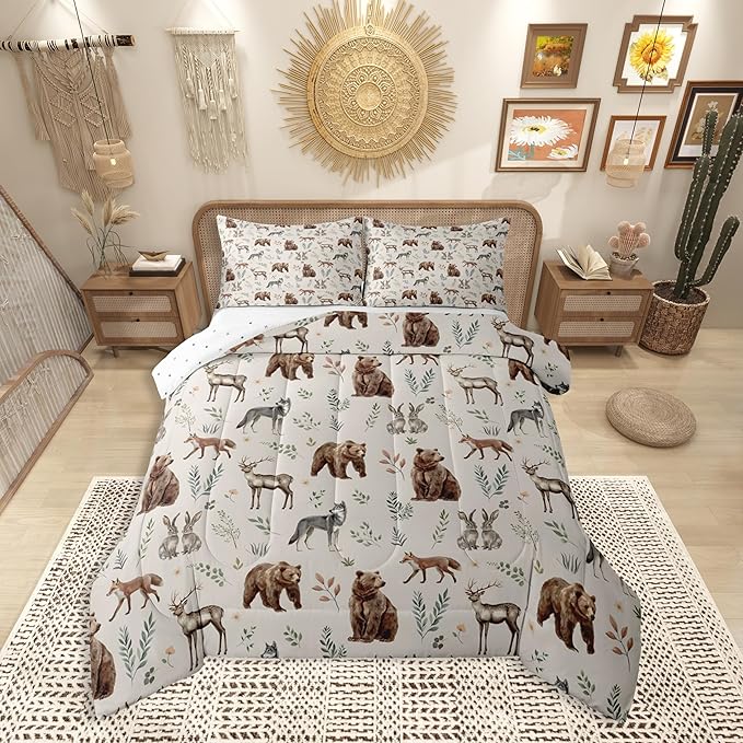 Erosebridal Woodland Animals Comforter Set King Size Bear Deer Hunting Theme Bedding Set for Kids Child Bedroom | Cartoon Rabbit Wolf Fox Wildlife Duvet Insert Rustic Cabin Lodge Decor Quilt