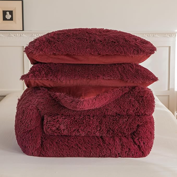 chovy Faux Fur Plush Wine Red Comforter Sets King - Ultra Soft Shaggy Flannel Velvet Fluffy Fuzzy 3PC Bedding Set (Comforter x 1 Pillowcases x 2)