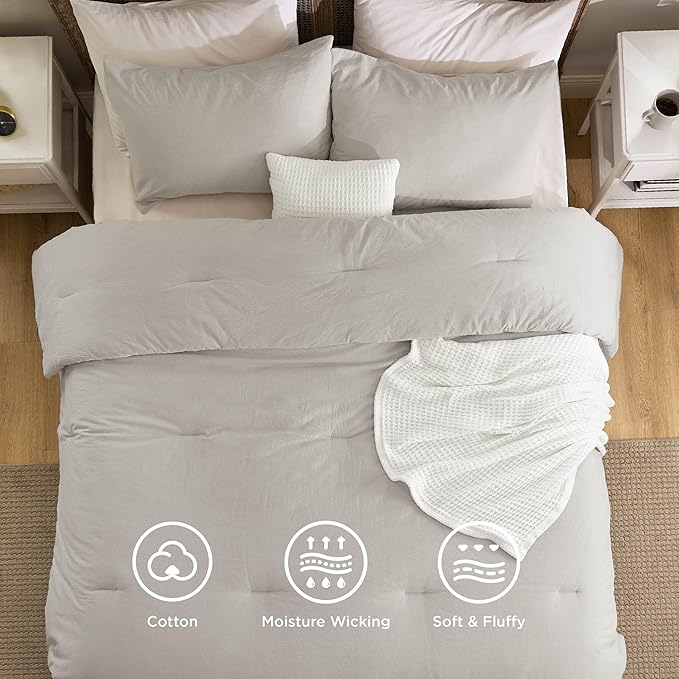 Bedsure 5 Pieces Cotton Comforter Set with Waffle Throw Blanket - Soft Breathable Bedding Set for All Seasons, Beige Comforter King Size, Pillow Shams, White 100% Cotton Blanket, Throw Pillow