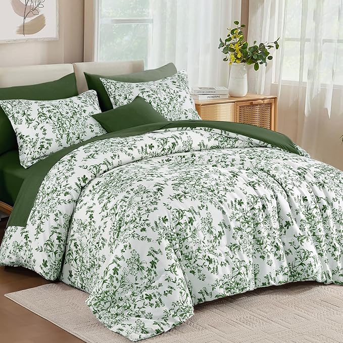 WONGS BEDDING King Size Comforter Set, 8 Pieces Emerald Floral Bed in a Bag Comforter Sets, Botanical Print Soft Fluffy Microfiber Complete Bedding Sets for All Season (90"x104")