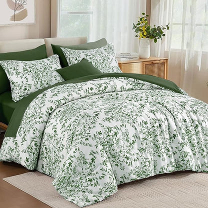 WONGS BEDDING King Size Comforter Set, 8 Pieces Emerald Floral Bed in a Bag Comforter Sets, Botanical Print Soft Fluffy Microfiber Complete Bedding Sets for All Season (90"x104")
