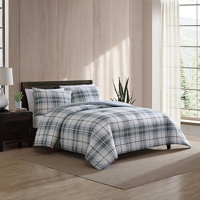 Eddie Bauer - King Comforter Set, Reversible Cotton Bedding with Matching Shams, Plaid Home Decor (Alder Blue/Grey, King)
