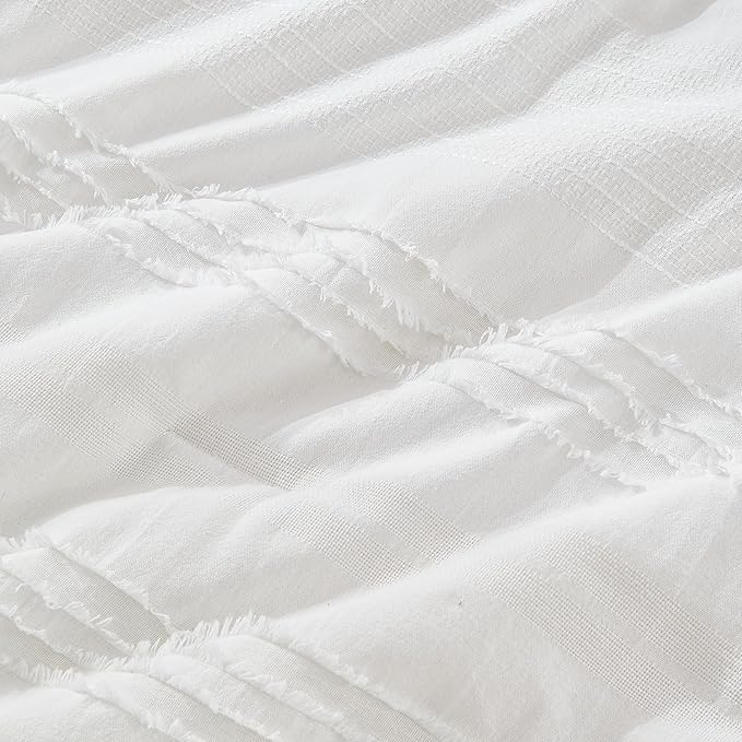 Wonderful White Comforter Set King, Clipped Jacquard Striped Cotton Lightweight Comforter with Pillow Shams, Fluffy Bedding Set for All Season