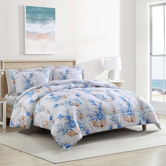 Caribbean Joe King 3-Piece Comforter Set, Tropical Coastal Beach Design Bedding, Coastal Damask