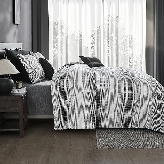 Wonderful Waffle Weave Comforter Set King, Striped Yarn-Dyed Textured Soft Breathable Reversible Cotton Comforter Set, 5 Piece White and Grey Fluffy Bedding Set with Pillow Shams, Decorative Pillows
