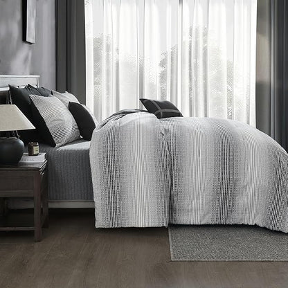 Wonderful Waffle Weave Comforter Set King, Striped Yarn-Dyed Textured Soft Breathable Reversible Cotton Comforter Set, 5 Piece White and Grey Fluffy Bedding Set with Pillow Shams, Decorative Pillows