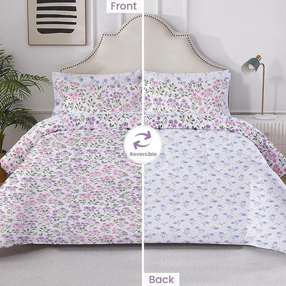Floral King Comforter Set with Sheets, 7 Piece Luxury Vintage Bedding, Soft Microfiber Bed in a Bag, Cozy Lightweight Bed Set, Purple Flower Green Leaf