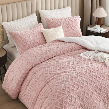 Andency Fluffy Sherpa King Comforter Set, Super Soft Blush Fleece Warm Bedding for Winter, Luxury Jacquard Boho Thick Fuzzy Plush Bed Set 3 Pieces(1 Shaggy Comforter, 2 Pillowcases)