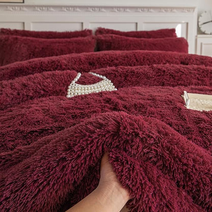 chovy Faux Fur Plush Wine Red Comforter Sets King - Ultra Soft Shaggy Flannel Velvet Fluffy Fuzzy 3PC Bedding Set (Comforter x 1 Pillowcases x 2)