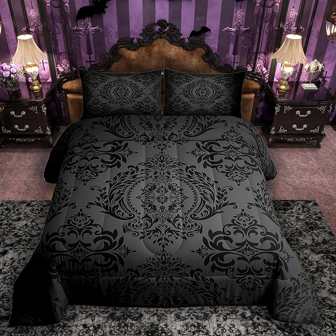 Feelyou Adults Black Vintage Damask Floral Comforter Set Oriental Antique Comforter King Size Gothic Bohemia Boho Floral Bedding Set Bohemian Exotic Duvet Set Quilt Set 3Pcs