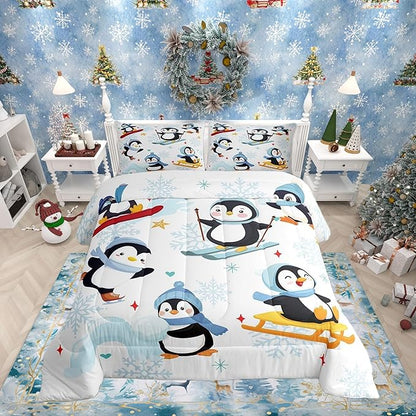 Merry Christmas Theme 3 Pcs King Size Comforter Set,Winter Snowflake New Year Down Alternative Adults Bedroom Decor,Cute Cartoon Skiing Penguin Ultra Soft Microfiber Inner Fill 3 Pcs Bedding