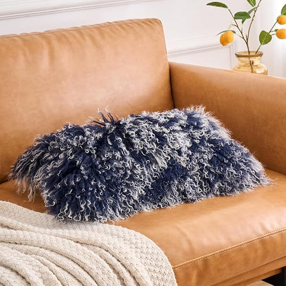 Genuine Mongolian Lamb Fur Pillow Cover – 12"x20" Rectangular Cushion Case – Soft Curly Wool Decorative Accent for Sofa, Bed, or Chair (Frosted Blue)