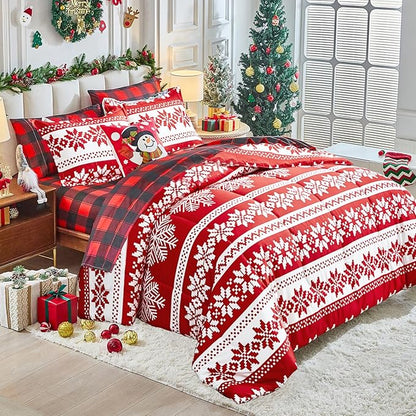 Tititada Christmas Red Bed in a Bag 7 Pcs Queen Size, Striped Snowflake Pattern Printed Bedding Comforter Set Warm for Winter(1 Comforter, 1 Flat Sheet, 1 Fitted Sheet, 2 Pillow Shams, 2 Pillowcases)