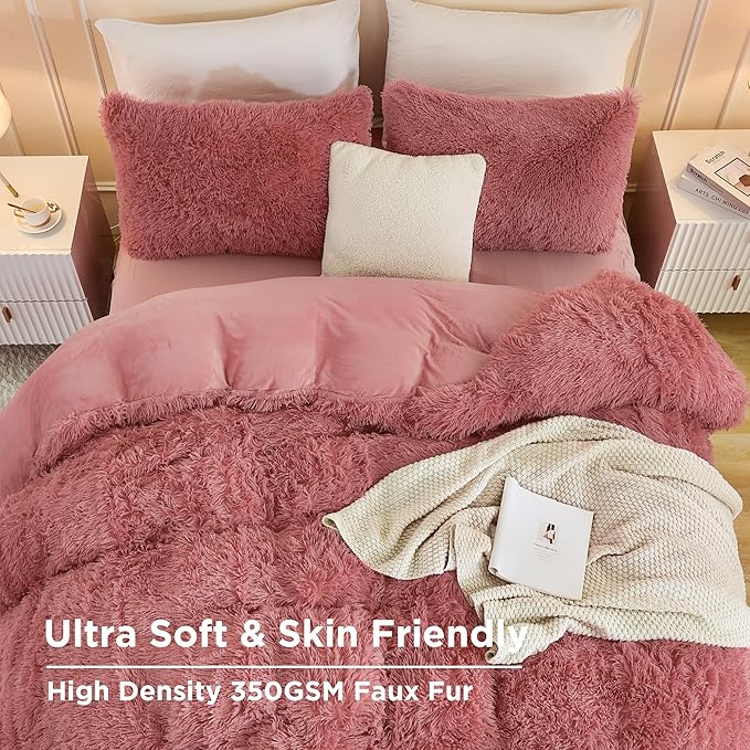 Andency Fluffy Old Pink Comforter Set King Size, 3 Pieces Winter Faux Fur Warm Soft Fuzzy Plush Bedding Comforter Set (1 Velvet Comforter & 2 Pillowcases), Thick Heavy Puffy Comforters Bedding Set