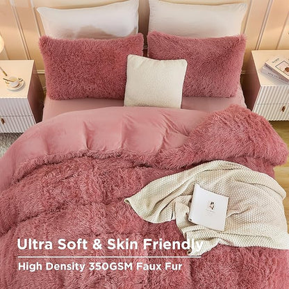 Andency Fluffy Old Pink Comforter Set Full Size, 3 Pieces Winter Faux Fur Warm Soft Fuzzy Plush Bedding Comforter Set (1 Velvet Comforter & 2 Pillowcases), Thick Heavy Comfy Comforters Bedding Set
