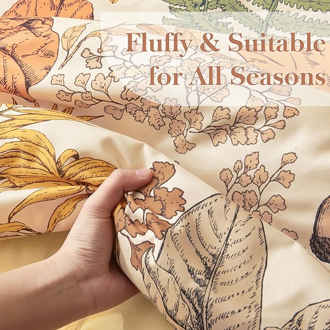 Queen Comforter Set - 3 Pieces Botanical Bedding Comforter Set, 1 Soft Orange Fall Plant Flowers Comforter (90"x90") and 2 Pillow Shams(20"x26") Ultra-Soft Comfort Suitable for All Seasons