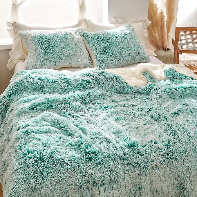 Luxury Faux Fur Shaggy Comforter Set Full/Queen Size, Plush & Sherpa Reversible Comforter Teal with White, 3-Piece Fluffy Fuzzy Bedding Set Ultra Soft and Warm for Winter (1 Comforter + 2 Pillowcases)