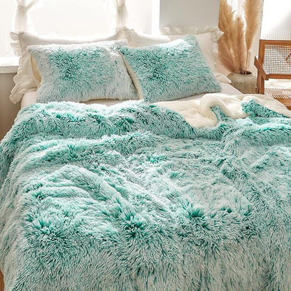 Luxury Faux Fur Shaggy Comforter Set Full/Queen Size, Plush & Sherpa Reversible Comforter Teal with White, 3-Piece Fluffy Fuzzy Bedding Set Ultra Soft and Warm for Winter (1 Comforter + 2 Pillowcases)
